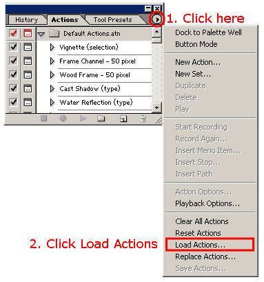 The actions palette. Click the small circular button with triangle inside. Then click Load Actions